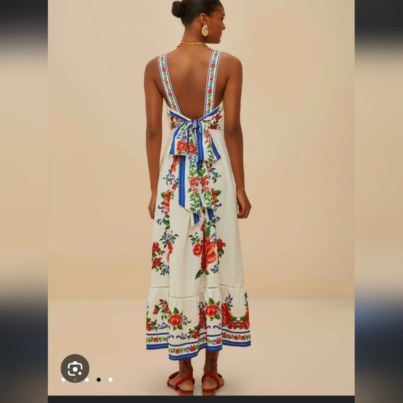 Farm Rio Flower Tapestry Lenzing Ecovero Euroflax Maxi Dress Size XL Off White - Picture 2 of 4